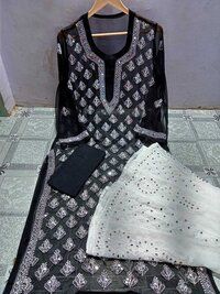 Lucknowi latest chiffon Booti jaal with inner and sharara set febric hand and mirror work embroidry