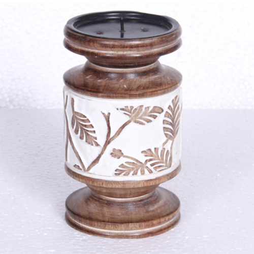 Wooden Candle Stand - 7 Inch Height Hand-Carved Mango Wood with White Rustic Polish | Customizable Color Logo and Packaging Ideal for Home Decoration and Wedding Gifts