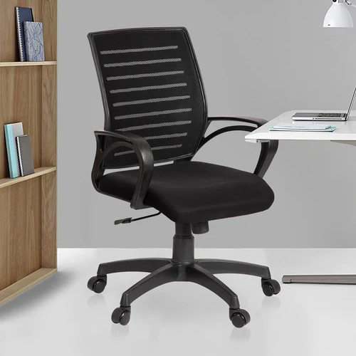 Office Revolving Desk Chair - Polycarbonate Plastic, 36x19 Inches, Glossy-Matt Black Finish | Durable, Comfortable Mesh Backrest, Adjustable Height, Smooth Swivel Mechanism
