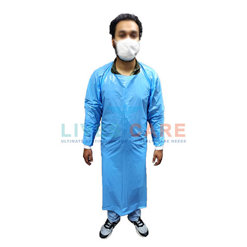 Blue Plastic Isolation Gown With Knitted Elastic Cuff