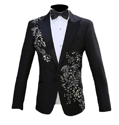 Mens Tuxedo One Button Stage Clothes Sequin Glitter Blazer Jacket