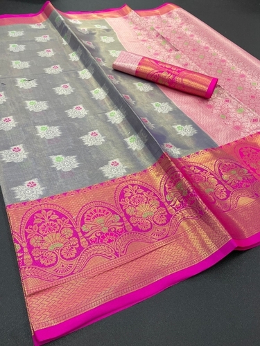 Casual Prachi Grey Banarasi Tissue Silk Saree