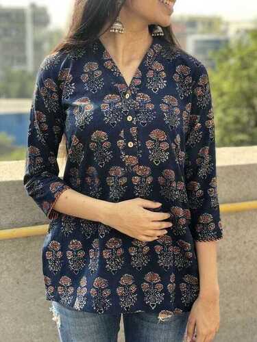 Printed Top - Cotton, S-XL Size Range, Navy Blue Color, Three-quarter Sleeve, V-neck , Floral Pattern for Casual Wear & Social Events