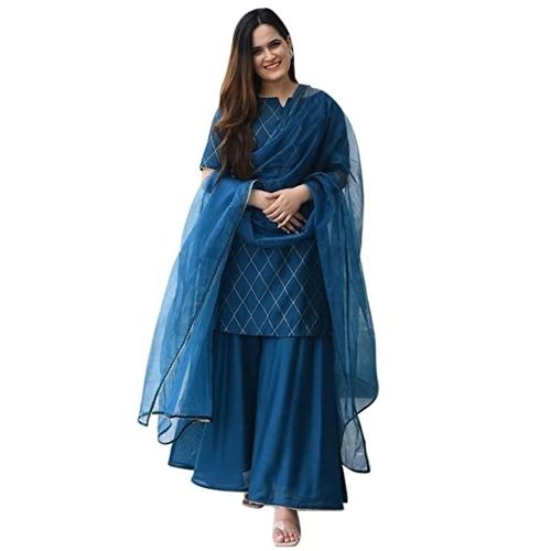 Sharara Blue Rayon Kurti Decoration Material: Laces