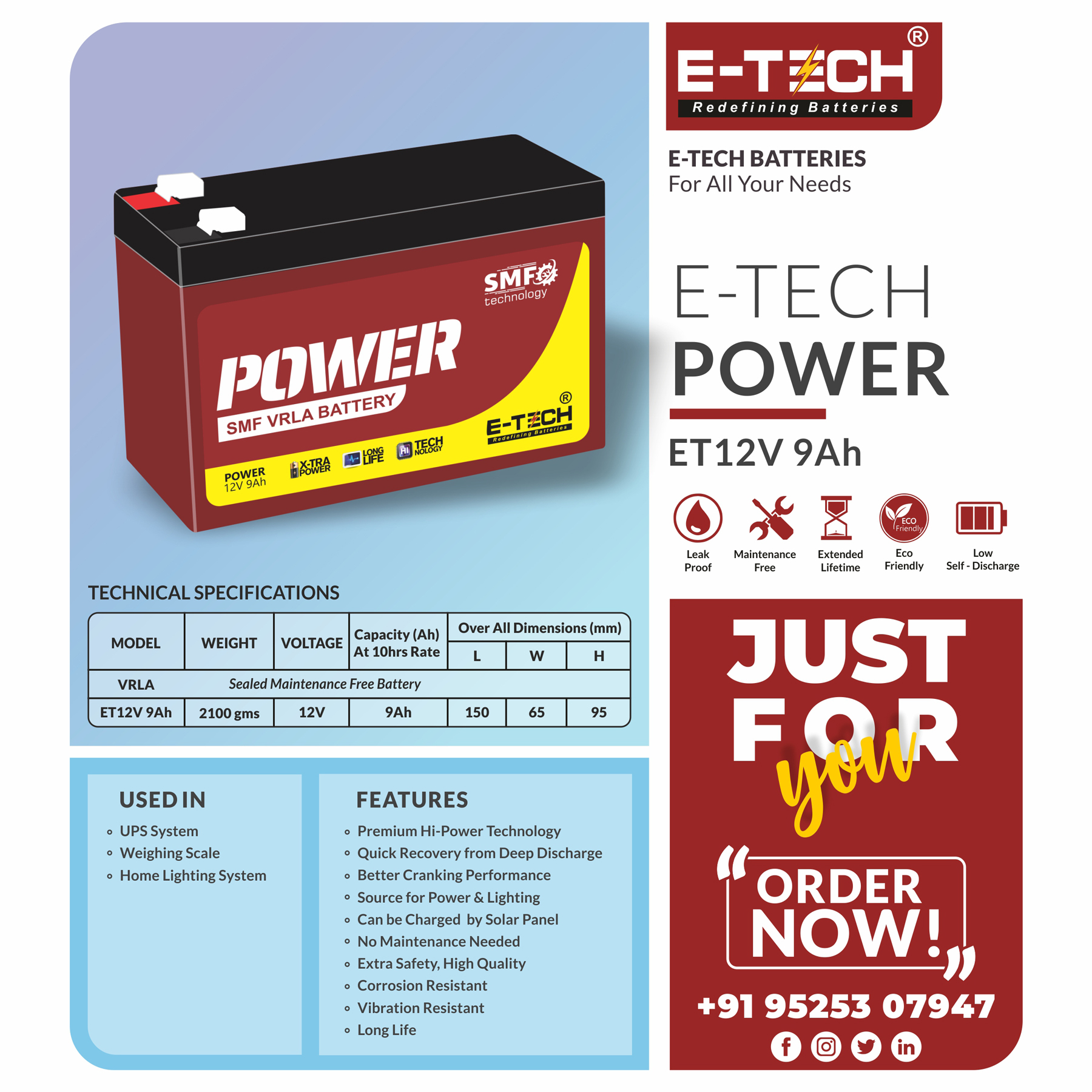 ERC E-TECH POWER  12V 9AH Weighing Machine (Low Weight)