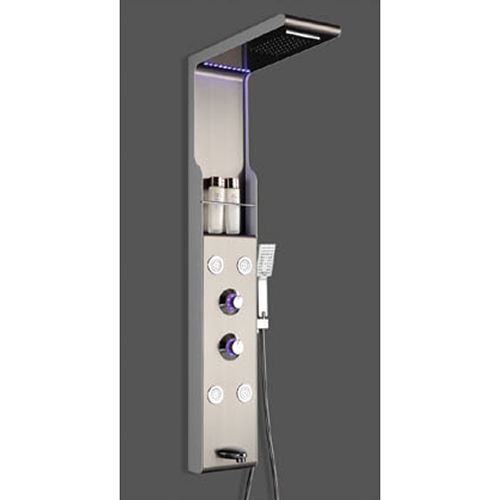Stainless Steel Brushed Shower Panel - 1300x210mm | Five Way Diverter, Thermostatic Mixer with LED Lights, Four Body Massage Jets, Over Head Shower, Hand Shower, Tub Filler Spout
