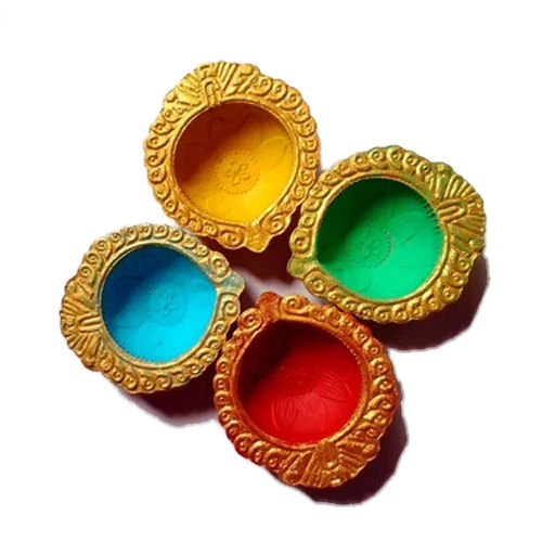 Colored Clay Diya - Color: Golden-Multicolor