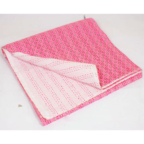 Pink Floral Bedspread Kantha Quilt