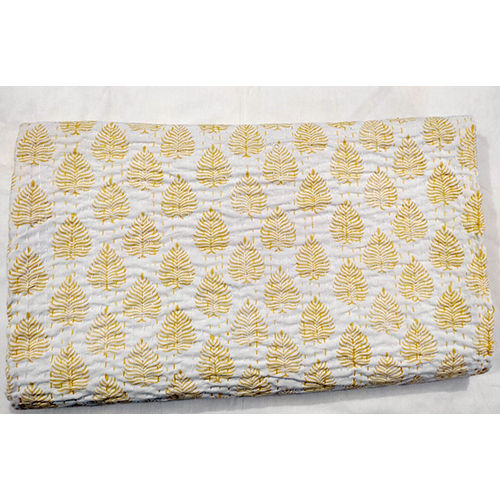 100% Cotton Gold Block Print Golden Leaf Kantha Quilt