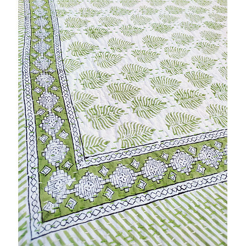 Light Green Leaf Queen Size Kantha Cotton Quilt