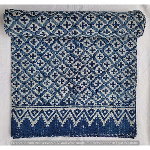Microfiber Fabric Indigo Blue White Kantha Quilt