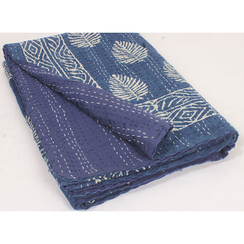 Microfiber Fabric Indigo Blue Quilt Block Printed Kantha Cotton Quilt