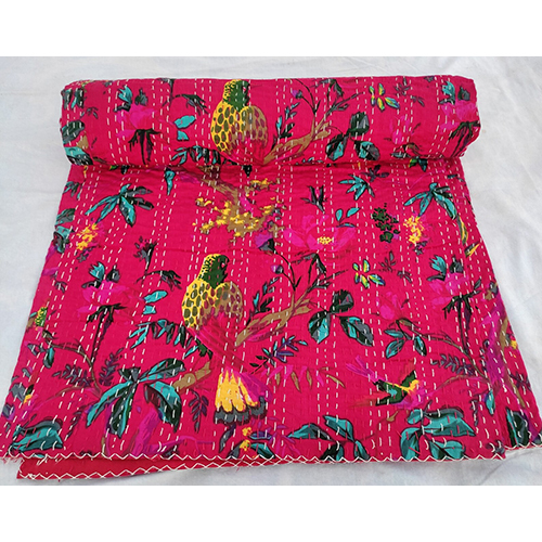 100% Cotton Indian Bird Print Red Bedspread Or Quilt