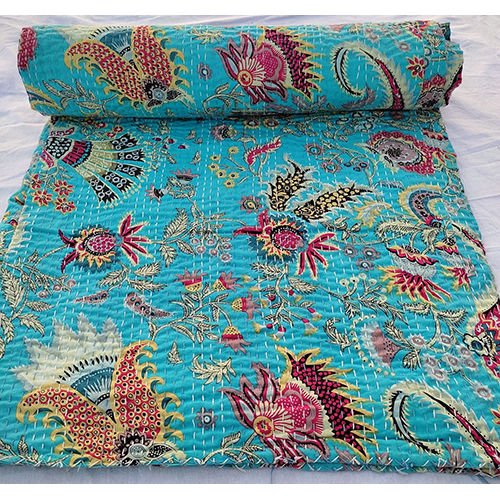 Sky Blue Floral Print Bedspread Or Quilt Full Size