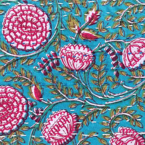 100% Cotton Twin Size Floral Kantha Quilt Block Printed