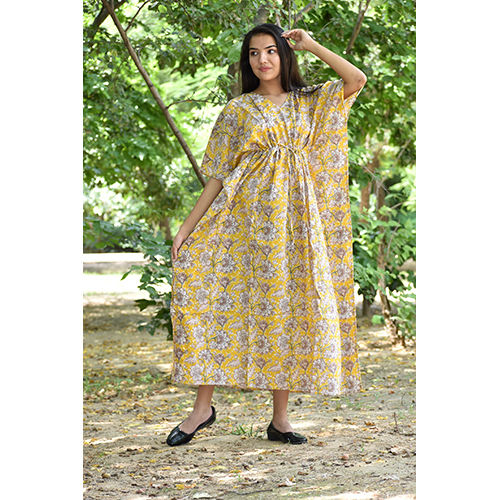 Breathable Yellow Hand Block Printed Cotton Kaftan