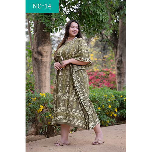 Robe Kaftan Longue Indienne En Coton 100% - Imprimé Block Print Artisanal - Taille Libre, Parfaite Pour La Plage Ou La Maison