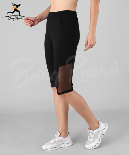 Being Runner Women Black Knee Capri Mesh Net Pattern With Pocket