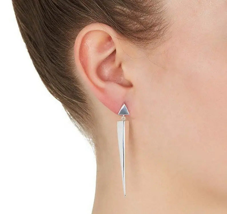 925 Sterling Silver Handmade Beautiful Triangular Triangle Shape Long Drop Earrings