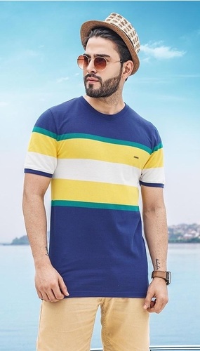Mens Casual Striped T-Shirt - Slim Fit Half Sleeves Round Neck Airtex Fabric Size 36-40 Machine Washable Available in 6 Colors | Pack of 18