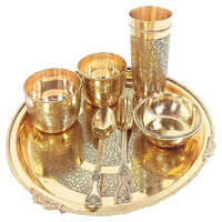 Gold Tamrapatra Pure Brass Dinner Set Of 7- Brass (thali With Border)
