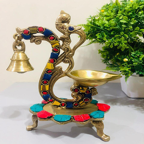 Tamrapatra Brass Multicolor Bird Peacock Traditional Hanging Bell Diya Oil Lamp