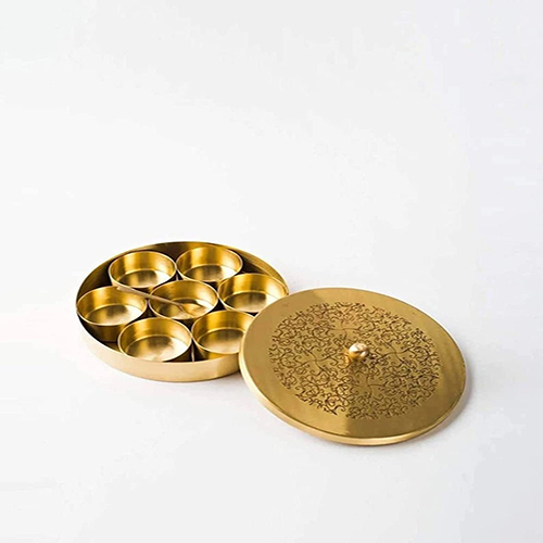 Tamra Patra embossed Pure Brass Spice box pital masala dabba 9 inch diameter 7 compartments heavy weight.