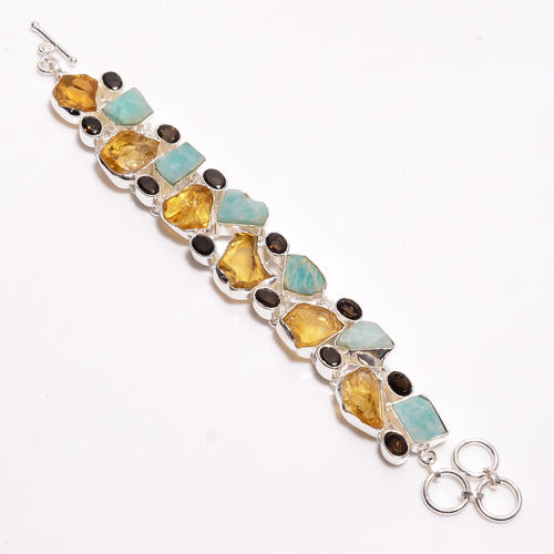 Natural Citrine Amazonite Smoky Raw Gemstone 925 Sterling Silver Bracelet Girls fashion Bracelet Supplier