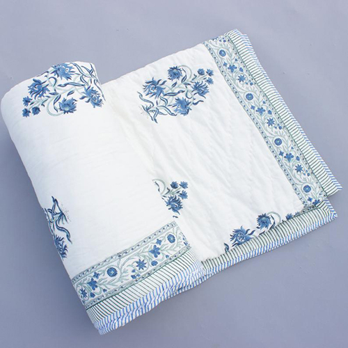Export Quality Cotton Quilt - 100% Cotton, Blue & White Floral Design | Knitted for All Seasons