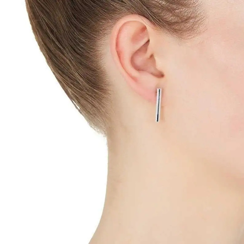 925 Sterling Silver Handmade Attractive Perpendicular Bar Drop Stud Earrings