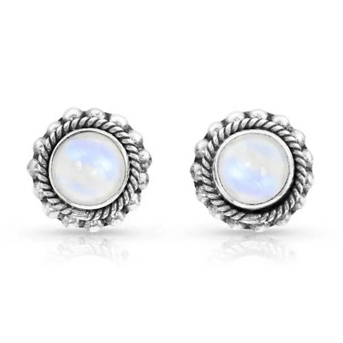 925 Sterling Silver Rainbow Moonstone Round Cabochon Braided Beads Stud Gemstone Earrings