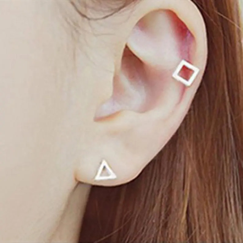 925 Sterling Silver Handmade Geometric Shape Circle Square Triangle Stud Earrings