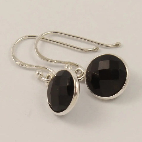 925 Sterling Silver Beautiful Both Sided Checker Faceted Black Onyx Earring