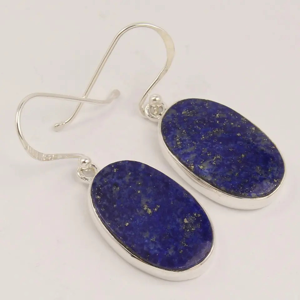 925 Sterling Silver Beautiful lapis lazuli Oval Flat Stone Hoop Earring