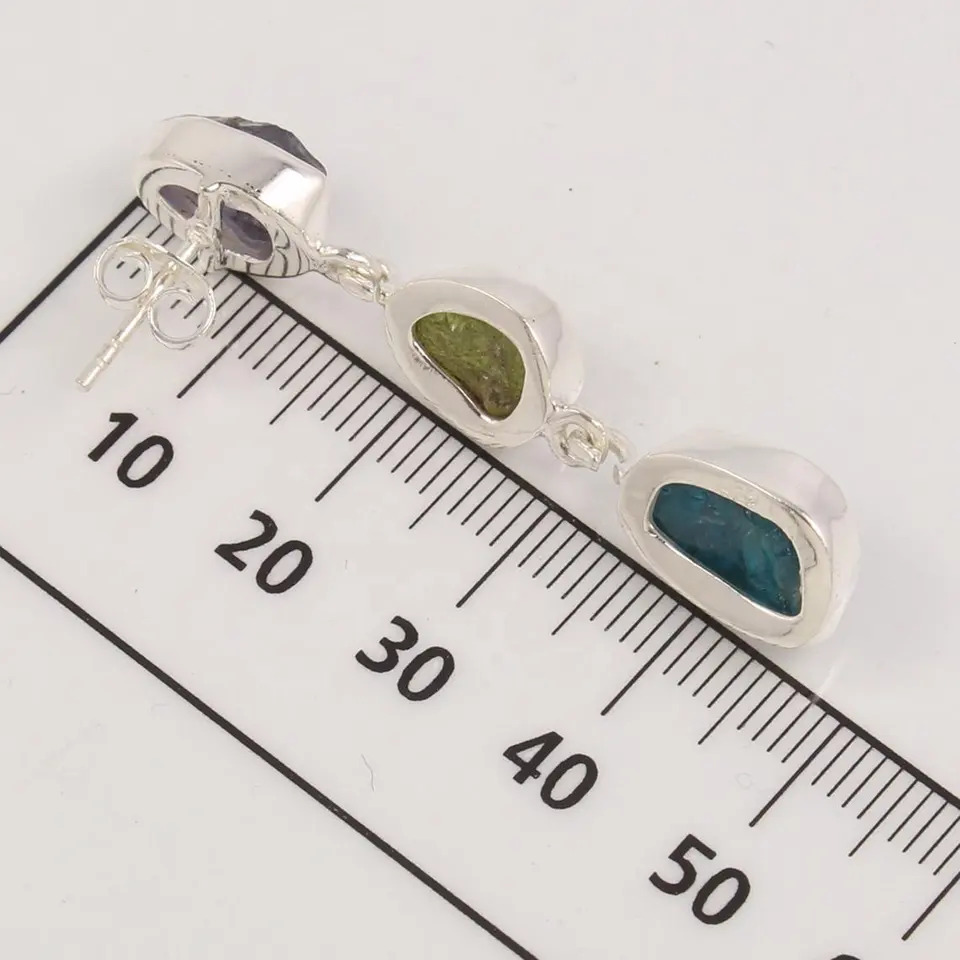 925 Sterling Silver Handcrafted Iolite Peridot and Apatite Rough Stones Dangle Earrings