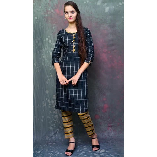 Ladies Black Printed Cotton Kurti Set