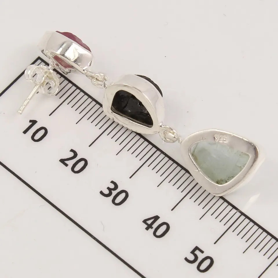 925 Sterling Silver Handcrafted Beautiful Rough Tourmaline And Aquamarine Multi Stones Dangling Long Earrings