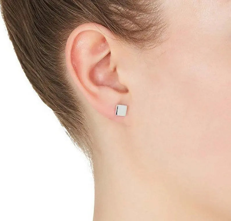 925 Sterling Silver Handmade Square Cube Shape Geometric Stud Earrings
