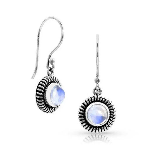 925 Sterling Silver Attractive Rainbow Moonstone Round Cabochon Looped Wire Drop Hoop Gemstone Earrings