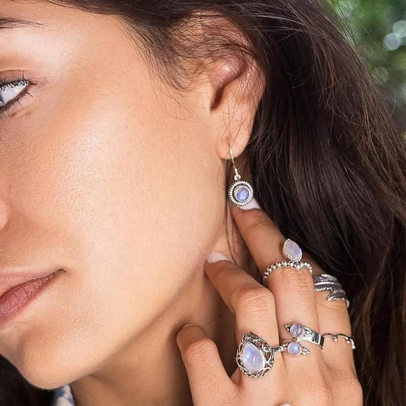 925 Sterling Silver Attractive Rainbow Moonstone Round Cabochon Looped Wire Drop Hoop Gemstone Earrings