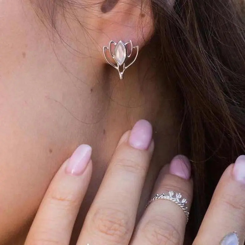 925 Sterling Silver Rainbow Moonstone Marquise Cabochon Lotus Stud Gemstone Earrings