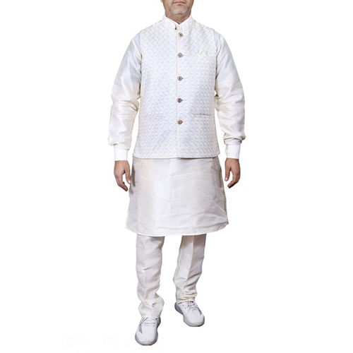 White Dupion Silk Kurta Pyjama Waistcoat Jacquard