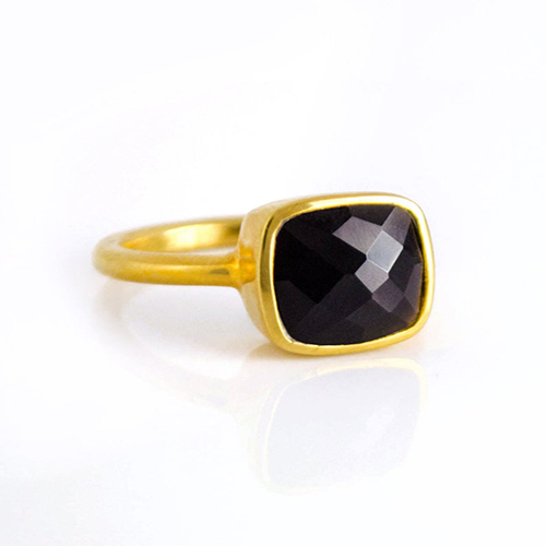 Black Onyx Cushion Shape Sterling Silver Gold Vermeil Ring