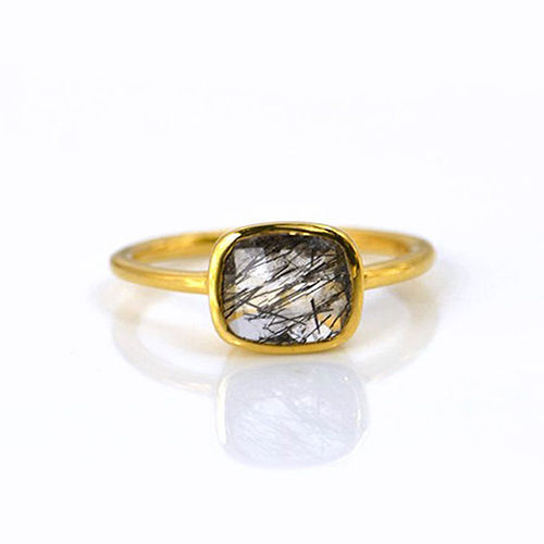 Black Rutilated Cushion Shape Sterling Silver Gold Vermeil Ring Size: 10Mm