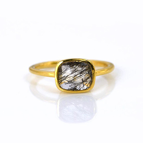 Black Rutilated Cushion Shape Sterling Silver Gold Vermeil Ring