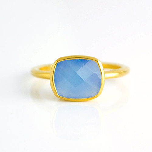 Blue Chalcedony Cushion Shape Sterling Silver Gold Vermeil Ring