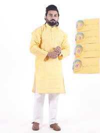 Self Print Kurta - Cotton, Sizes 38 To 44, Mandarin Collar, Yellow Color, Long Sleeve, Printed Pattern | Breathable, Quick Dry, Cool Dry, No Fade, Washable