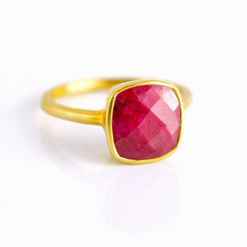 Dyed Ruby Cushion Shape Sterling Silver Gold Vermeil Ring Size: 10Mm