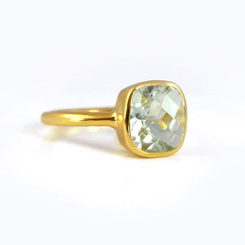 Green Amethyst Cushion Shape Sterling Silver Gold Vermeil Ring Size: 10Mm