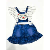 Girls Dungaree Set - Denim Fabric, 1 Year Size, Blue Color | Washable, Short Sleeves, Modern Style For Young Girls